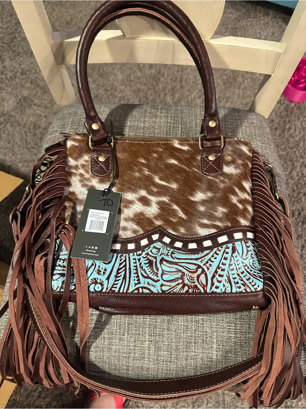 Myra Bag Brown and Turquoise Fringe Cowhide Shoulder Bag